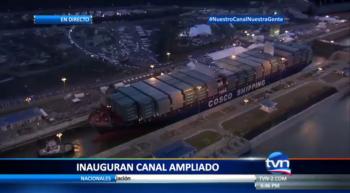 Click to enlarge image Cosco Shipping Panama passes from the first, upper level to the second level of the NEW Cocoli Locks of the expanded Panama Canal.. the first largest ship to pass through the new locks! — at Panama Canal. - Panama Canal Expansion Inauguration - June 26, 2016