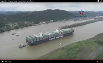 Click to enlarge image Cosco Shipping Panama approaches the NEW Cocoli Locks of the expanded Panama Canal.. the first largest ship to pass through the new locks! — at Panama Canal. - Panama Canal Expansion Inauguration - June 26, 2016