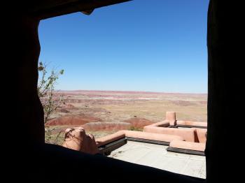 Click to enlarge image There are views out every window - Painted Desert Inn - Explore this intriguing national historic Landmark and discover its fascinating past from homesteads to Route 66! It is in the middle of the Painted Desert right on I-40!