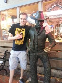 Click to enlarge image Jack with his new buddy - There's no place in Texas like Fort Worth's Stockyards Station - Tigger takes some Brittish friends for a REAL Texas experience!