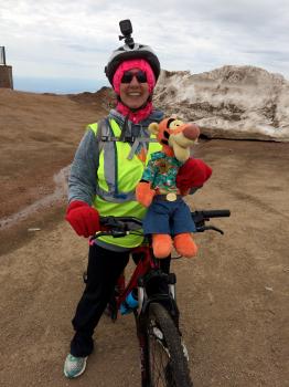Click to enlarge image That is better, Tigger... another new friend! This new friend is actually rifing DOWN the mountain by bike! - Exploring the Top of Pikes Peak Mountain - Near Colorado Springs, Colorado, over 14,000 feet and a view that is hard to beat!