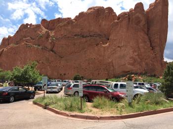 Click to enlarge image One of several parking lots nestled throughout the park - Garden of the Gods in Colorado Springs - Tigger basques in the beauty of this appropriately named place!