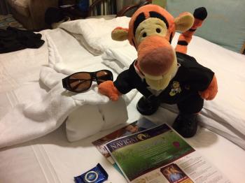 Click to enlarge image Tigger making friends with the Towel Stingray. They are really quite friendly, just like everyone else, they don't like to be stepped on either! - Disney Cruise Line Towel Animals - Towel Critters are a nightly treat on all Disney Cruise Vacations