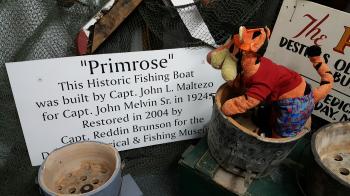 Click to enlarge image Tigger soaking up the tools used on the Primrose through the middle of the 1900s - The Primrose at the Destin History & Fishing Museum - Working Vessel of Captain John W. Melvin, A Wonderful Slice of Local Lore - The History that Built the World's Luckiest Fishing Village.