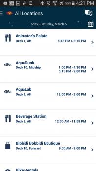Click to enlarge image Hours for various locations throughout the ship. - Disney Cruise Line Navigator App #disneycruiselinenavigatorapp - A VERY Important tool for everyone on a Disney ship or planning on getting on one!